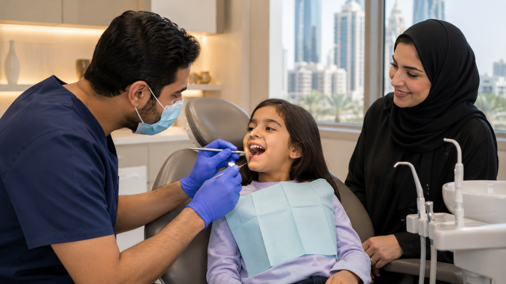 Pediatric dentist in Dubai performing a gentle dental check-up for a child