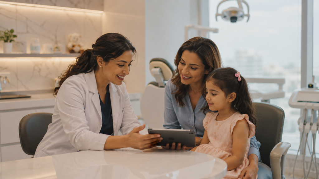 Parent consulting with a pediatric dentist in Dubai about child dental care