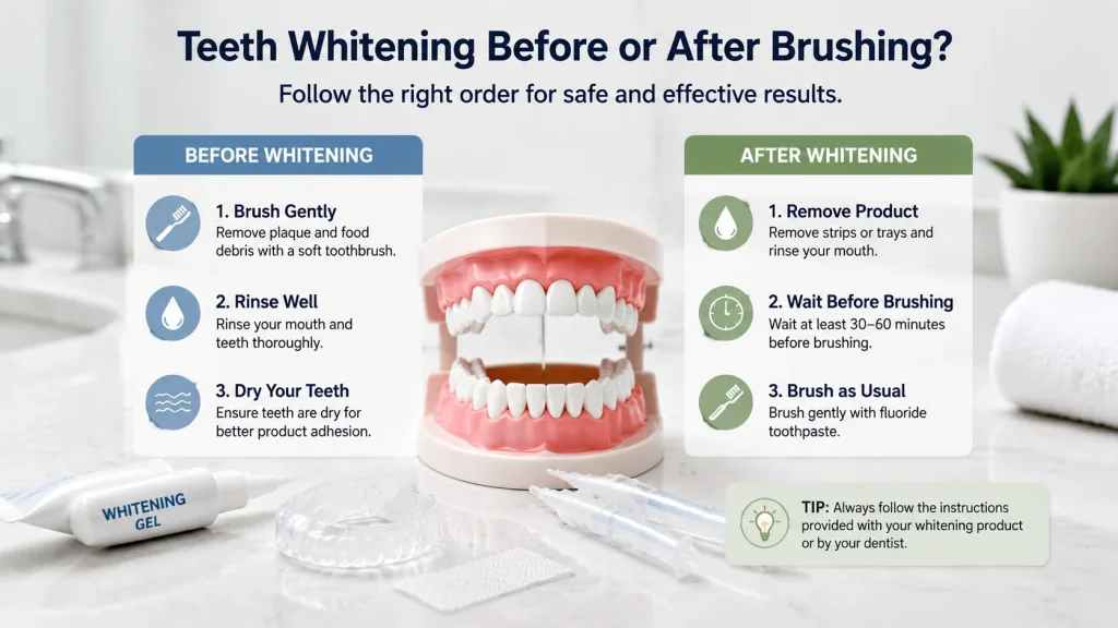 Comparison of brushing before and after teeth whitening treatmentTeeth whitening routine with toothbrush trays and whitening gel Before and after brushing steps for whitening products Dental hygiene routine for safe teeth whitening results Guide showing when to brush around whitening treatments