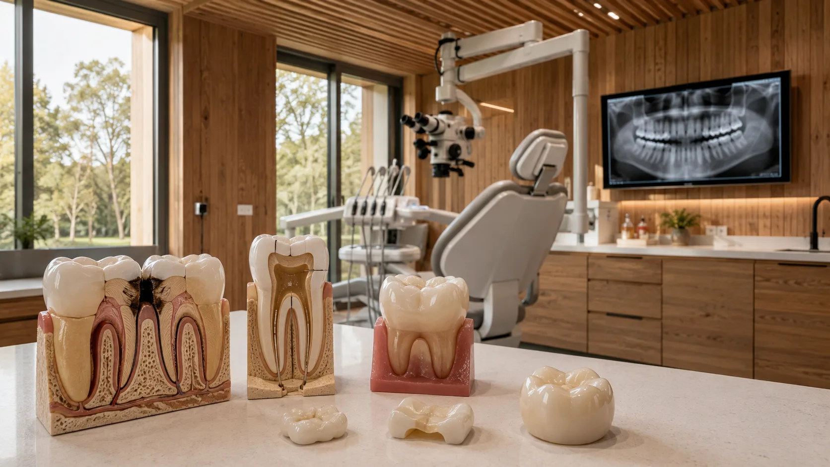 Root canal treatment and restoration of an affected tooth next to another tooth