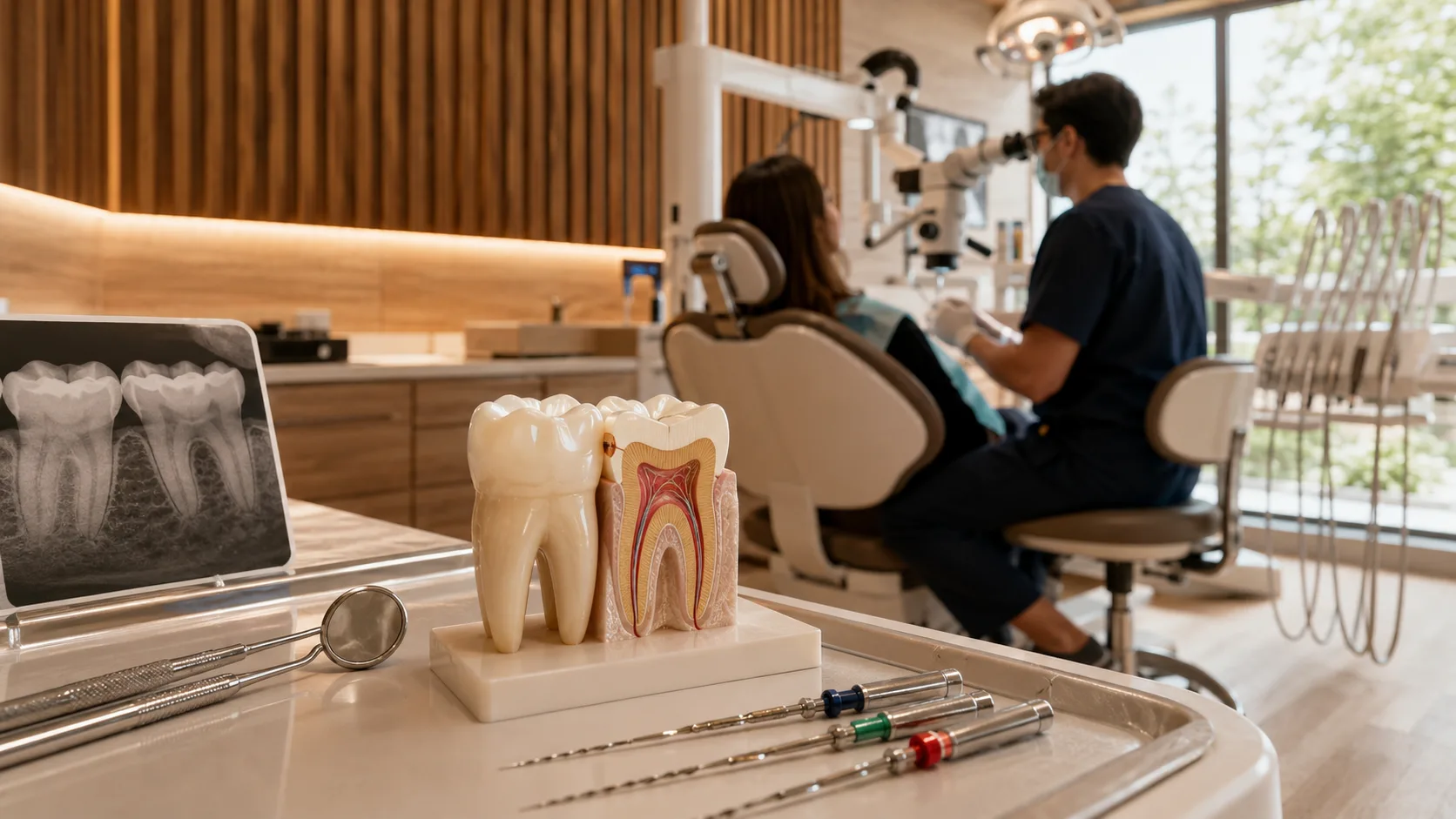 Dentist diagnosing pain between two adjacent teeth before root canal treatment