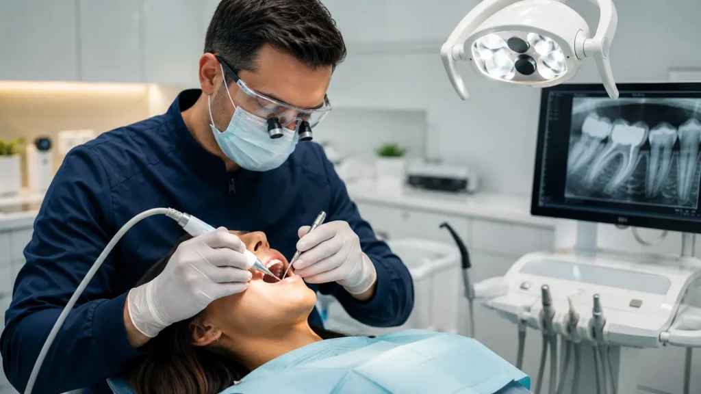 Dentist performing root canal treatment to save an infected tooth