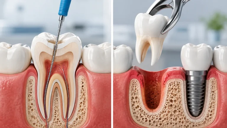 Root canal vs tooth extraction comparison showing tooth preservation and dental implant replacement