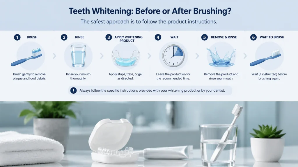 Teeth whitening before or after brushing guide showing the correct orderSteps for brushing and preparing teeth before whitening treatment Whitening strips trays and gel application routine explained visually Dental care guide for safe teeth whitening preparation and aftercare Professional advice for choosing the right whitening and brushing order