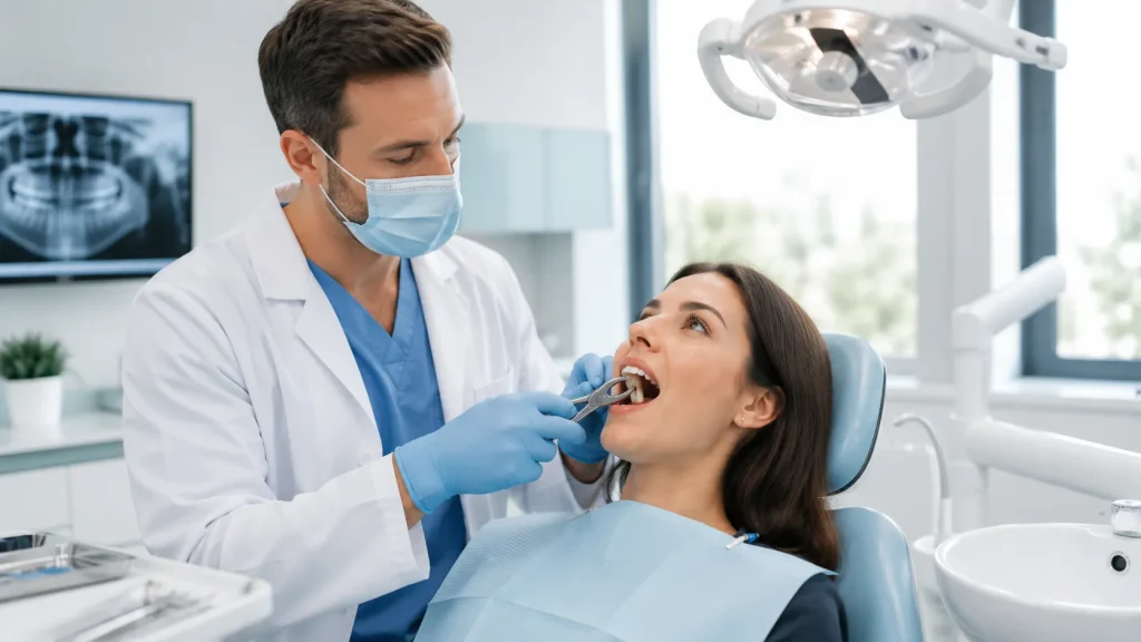 Dentist performing a gentle tooth extraction in a modern dental clinic